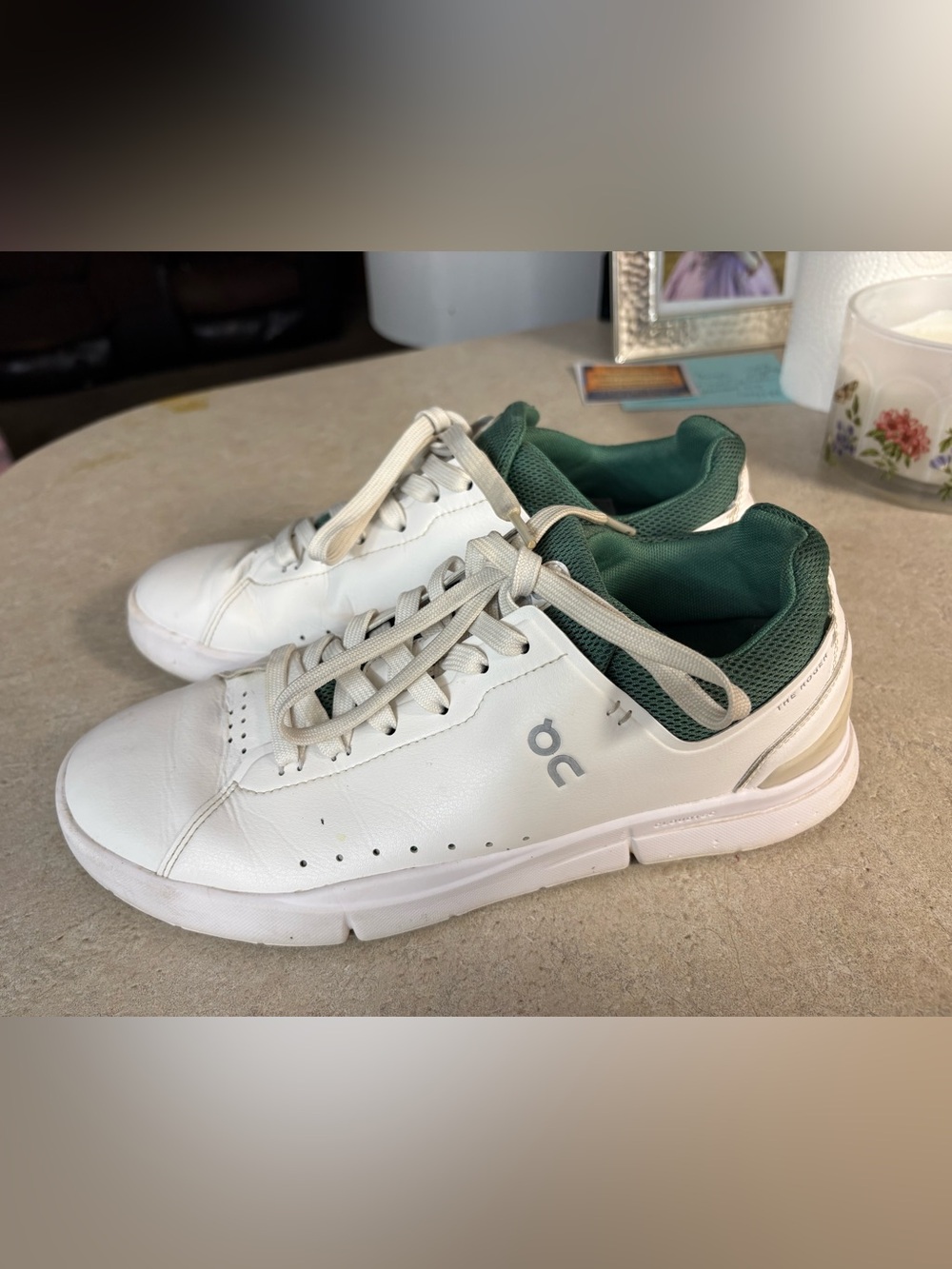 On Running White Sneakers with Green Interior